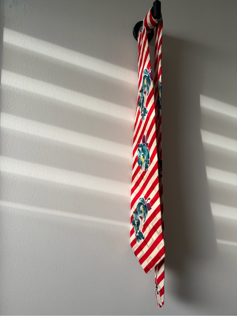 VIntage KENZO silk jacquard tie in blue floral  red & white diagonal stripe.